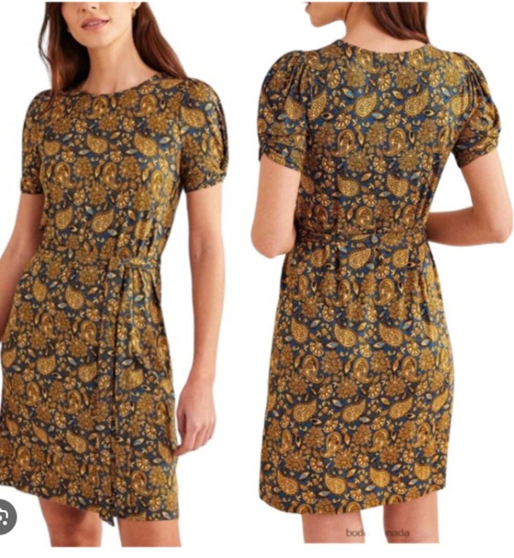 Boden Knot Detail Jersey Mini Dress Harvest Gold Paisley Terrace 6